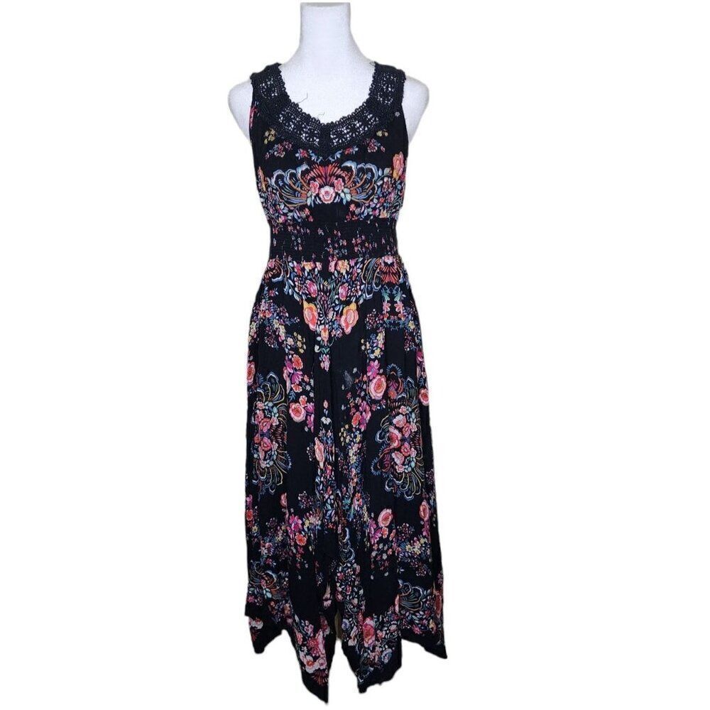 Vintage 90s Bila Sleeveless Flowy Boho Floral Maxi Dress Womens Size M Black